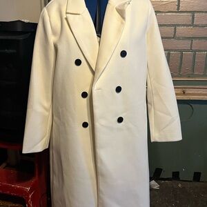 Women’s Ivory Double-Breasted Long Coat XL | Classic Lapel | Lined